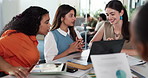 Business, team and discussion with laptop in office for campaign ideas, KPI stats and feedback. Marketing manager, women and graph paperwork for website traffic, project management or brand strategy