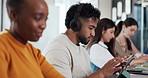 Man, student and headphones with tablet in class for education, study and listening to music. People, coworking and streaming podcast with digital, online learning and course research for assignment