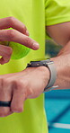 Smart watch, tennis and hands of man on court for tracking stats, training performance and heart rate. Fitness app, monitor workout and padel with person on outdoor turf for challenge and progress