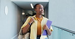 Walking, university and woman in hallway thinking for learning, education or knowledge. College, school and student with textbooks, confidence and journey to call for lesson, studying and scholarship