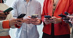 Business people, hands and typing with phone in huddle for network, data sync or sharing in office. Group, employees or team texting on mobile smartphone or app for connectivity, social media or chat