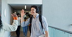 Man, student and happy with headphones at campus, excited and high five for greeting at college. Person, smile and streaming music with fist bump, hello or walk with audio subscription at university