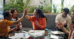 High five, paperwork and business people in meeting in office for project success, profit growth and good news. Teamwork, creative agency and workers applause for budget report, feedback and goals