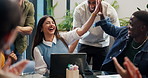 High five, laptop and business people in meeting in office for project success, good news and applause. Teamwork, creative agency and workers celebrate for budget report, feedback and online bonus