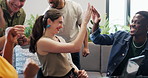 High five, teamwork and business people in meeting in office for project success, funding and good news. Applause, creative agency and workers celebrate for budget report, feedback and achievement