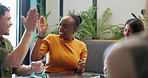 High five, startup and business people in meeting in office for project success, funding and applause. Teamwork, creative agency and workers celebrate with good news, feedback and finance achievement