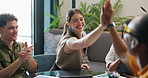 High five, applause and business people in meeting in office for project success, funding and good news. Teamwork, creative agency and workers celebrate for budget approval, feedback and achievement