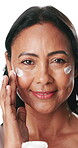 Face, woman and skincare in studio with cream for collagen, retinol or anti aging benefits. Confident, mature female person or smile with beauty, dermatology or facial treatment on white background.