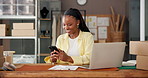 Phone, ecommerce and black woman in office for small business, fashion supply chain or online review. Logistics, mobile and happy entrepreneur with delivery update, typing email or distribution