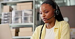 Video call, laptop and ecommerce with black woman and headset for courier order, delivery confirmation and crm. Supplier checklist, virtual chat and distribution logistics with person in factory