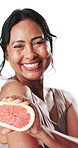 Beauty, grapefruit and face of mature woman for wellness, hydration and anti aging benefits. Studio background, skincare and portrait of person with fruit for vitamin c, cosmetics and dermatology