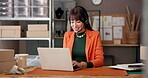Headset, laptop and supply chain with woman in office for delivery, distribution or shipping support. Computer, help and logistics with mature employee at work for assistance and parcel tracking