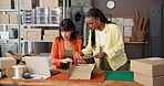Box, ecommerce and packing with women in warehouse for supply chain, delivery information and shipping. Order schedule, logistics barcode and distribution with people in factory for tracking number