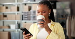 Black woman, phone and coffee for small business, ecommerce and fashion boutique startup with online sales. Designer, tech and digital website for internet store, retail service and quality control