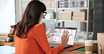 Small business, video call and woman on laptop for meeting, planning and discussion for supply chain. Startup, fashion and person on computer in virtual conference for logistics, shipping or delivery