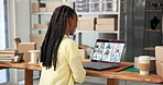 Startup, video call and woman on laptop for meeting, planning and discussion for supply chain. Small business, fashion and person on computer in virtual conference for logistics, shipping or delivery