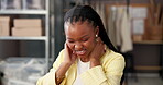 Stress, neck pain and ecommerce with black woman in warehouse for late shipment, bad review or tired. Customer complaints, delivery crisis and frustrated with person in factory for supply chain delay