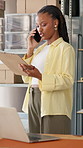 Black woman, phone call and clipboard in fashion startup for logistics, ecommerce and confirm order. Female person, talk and mobile to contact supplier, schedule delivery and chat for stock checklist