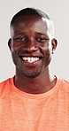 Fitness, face or black man in studio with smile, pride or progress goal in performance. Sports, portrait or athlete on white background with happiness, wellness or challenge in body transformation.