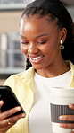 Woman, laughing and coffee in office with phone for funny online meme, social media gossip and chat. Black person, scroll and smile in workplace with tech for text message, internet comedy and humor.