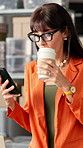 Supply chain, drinking coffee and woman with cellphone, smile and message to contact, texting and email. Mature person, entrepreneur and business owner with smartphone, communication and caffeine