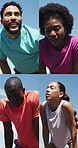 Athletes, tired and people on break, collage and recovery after exercise routine, fitness and health. Outdoor, montage and group with fatigue, runners and workout for wellness, breathing or exhausted