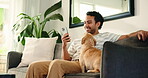 Phone, smile and man on sofa with dog, online browse and pet bonding on weekend break. Comfort, happy and male person in house with tech, puppy best friend and social media chat during Sunday rest.