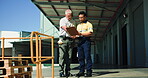Logistics, discussion or men at storage with clipboard, maintenance or inventory inspection for shipping. Distribution, talk or supplier at depot with checklist, quality or safety control for export.