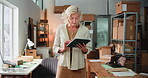 Mature woman, tablet and startup ecommerce for logistics, supply chain and email supplier. Female person, typing and digital to confirm orders, tracking inventory and check stock for delivery inquiry