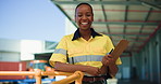 Face, black woman and clipboard at warehouse outdoor with career pride, about us and logistics. Portrait, female person and checklist for courier services, delivery schedule and supply chain shipping