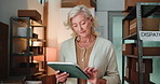 Mature woman, logistics or inventory with tablet for small business startup or delivery in shop. Female person, distributor or supplier with technology, cargo or storage for dispatch or stock control