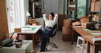 Logistics, startup and woman on break, stretching and done with distribution, relax and supply chain. Entrepreneur, resting and person in warehouse for dropshipping, peace and finished with delivery