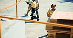 Woman, clipboard and inspection with warehouse, depot and distribution center for storage. Technician, outdoor and quality assurance for supply chain, logistics and dispatch for production or export
