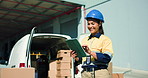 Happy woman, boxes and inventory checklist with tablet for logistics, supply chain or storage check. Female person, distributor or supplier with smile, technology or cargo for delivery inspection