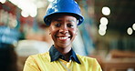Logistics, face and black woman in warehouse with confidence, smile and trust for export distribution. Inventory management, portrait and bokeh in factory for quality control, shipping and pride