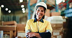 Logistics, face and woman in warehouse with confidence, smile and trust for export distribution. Inventory management, portrait and bokeh in factory for quality control, shipping and arms crossed
