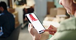 Hands, phone screen and online shopping for fashion, shoes or decision in logistics office. Internet store, mobile app and woman with purchase, clearance sale or ecommerce payment in startup business