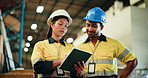 Logistics, team and people on tablet in warehouse for distribution, shipping and inventory. Collaboration, storage depot and workers on digital tech for inspection, supply chain and online checklist