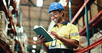 Man, tablet and thinking with warehouse inspection, typing and stock with low angle for logistics. Person, tech and happy with application for inventory management, shipping or supply chain at plant