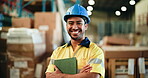 Logistics, face and man in warehouse with tablet, smile and confidence for export distribution. Inventory management, portrait and bokeh in factory for quality control, shipping and arms crossed