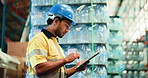 Warehouse, logistics or man with tablet for storage inspection, export process or transport agenda. Stock check, quality control or worker with tech for inventory management, below or plastic depot