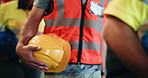 Hands, row and people walk with helmet for safety, warehouse inspection and industry protocol. Line, employees and waiting with hard hat for quality control, workplace compliance and construction ppe