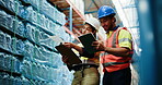 Warehouse, logistics and people with clipboard, tablet or planning stock distribution and discussion. Factory, man and woman with checklist for inventory, collaboration and info for delivery schedule