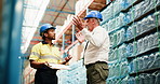 Upset, supervisor and men with clipboard, warehouse or mistake on distribution, shipping and talking. Unhappy, manager and people with checklist for logistics, discussion and stock delivery delay