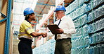 Logistics, handshake and men in warehouse with clipboard for distribution, shipping and inventory. Shaking hands, storage depot and people with agreement for inspection, supply chain and checklist