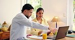 Couple, laptop and discussion with documents in home for financial planning, expenses or bills. Man, woman or finance with computer, paperwork or invoices for mortgage, report or investment in house