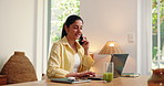 Happy, phone call and woman with laptop, home office and listening to feedback for design assignment. Creative, graphic designer and communication with contact, talking or remote work with technology