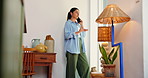 Phone call, conversation and woman in home for contact, online chat and talking on weekend. Apartment, happy and person on smartphone for communication, social networking and connection in house