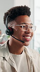 Man, telemarketing or talk in office with smile for selling life insurance, explain terms and conditions. Person, contact client or discussion with headset, lead generation or financial service sale.