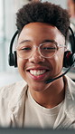 Happy, talking and man in office with headset for online support, customer service and helpline. Call center, business and person on computer for communication, virtual assistance and contact us